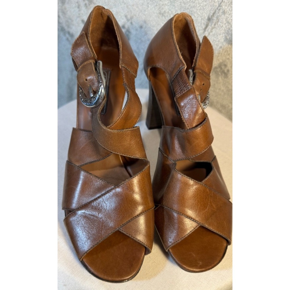 Brighton Vogue Sandals Brown Leather 3.5" Heels Ankle Strap w/Buckle Italy Sz 9